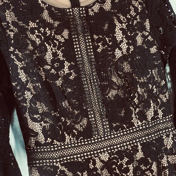 Miss May Womens Dress Medium Black Floral Lace Tan Lining Flare Sleeves A Line - Picture 3 of 16